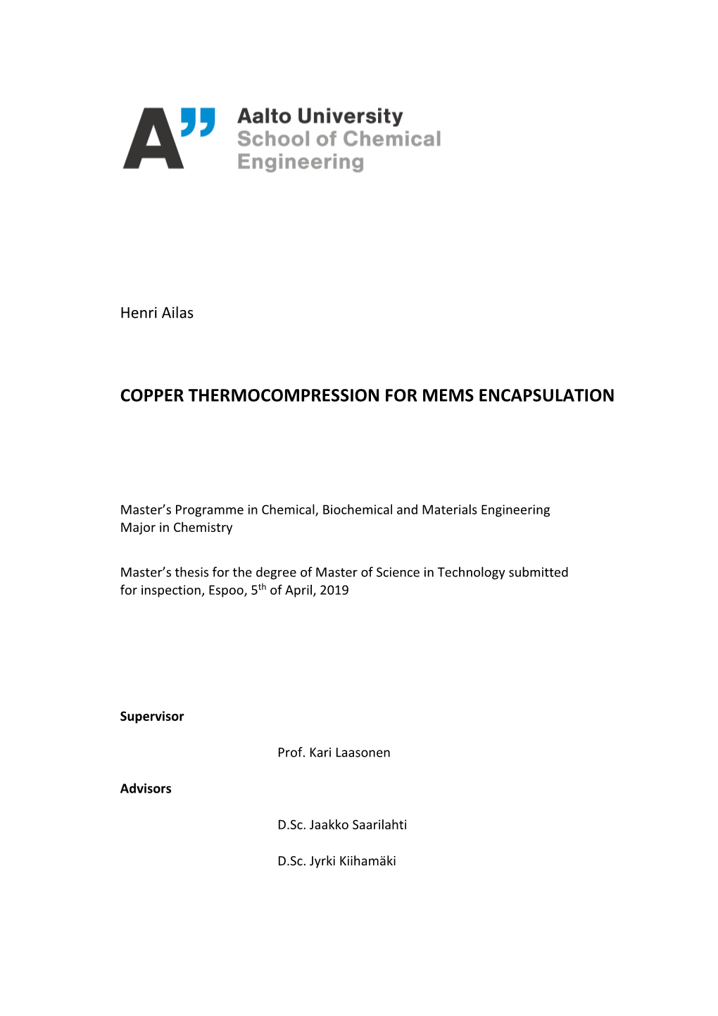 Copper Thermocompression for Mems Encapsulation