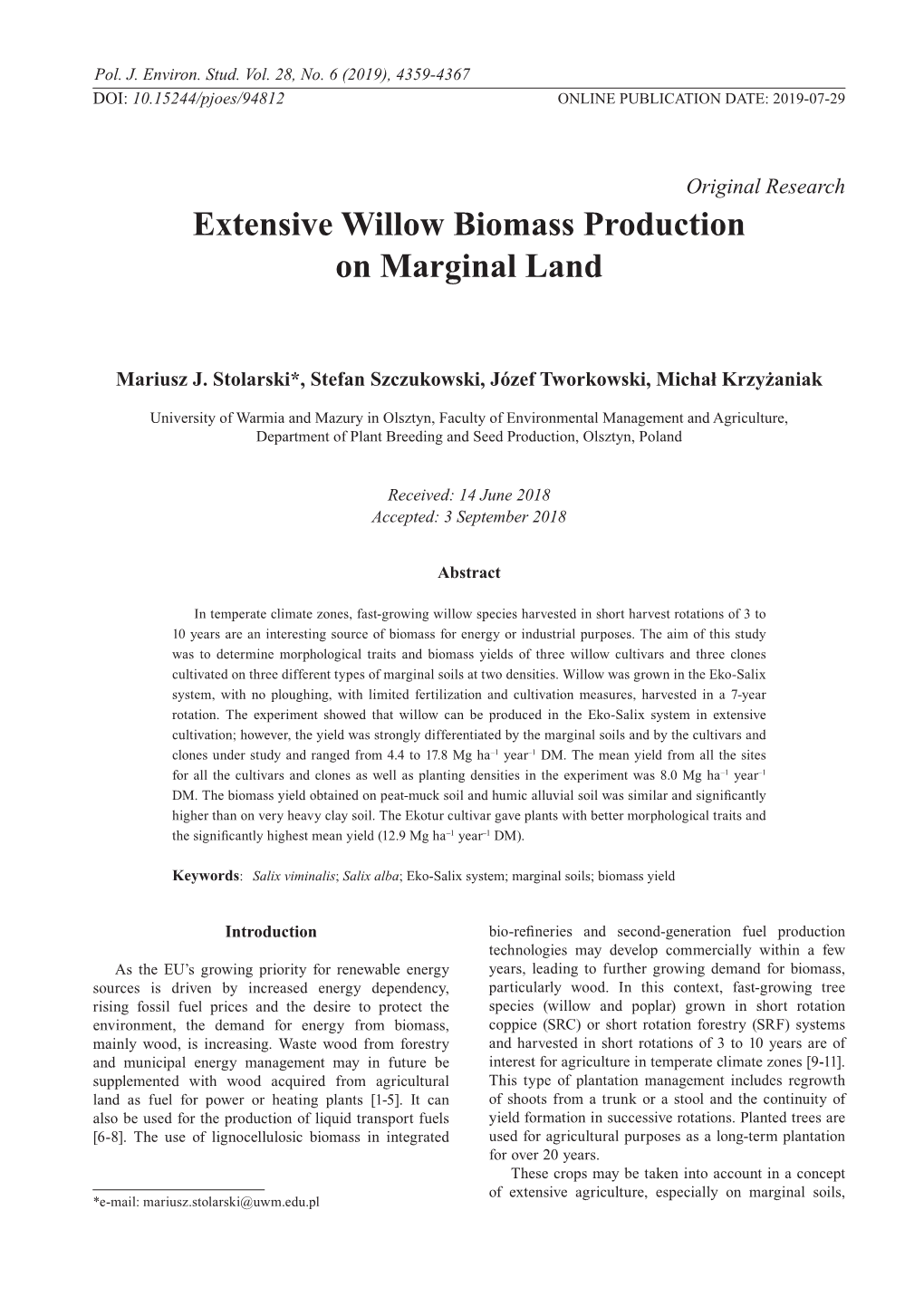 Extensive Willow Biomass Production on Marginal Land