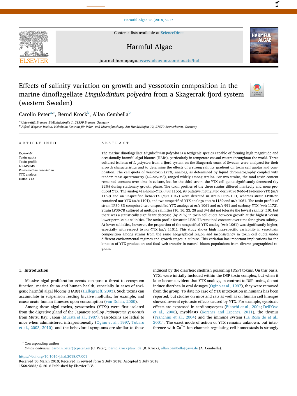 Effects of Salinity Variation on Growth and Yessotoxin Composition in the Marine Dinoflagellate Lingulodinium Polyedra from a Sk