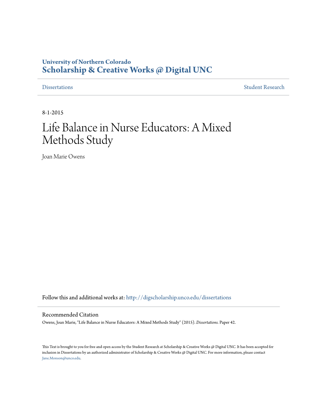 Life Balance in Nurse Educators: a Mixed Methods Study Joan Marie Owens