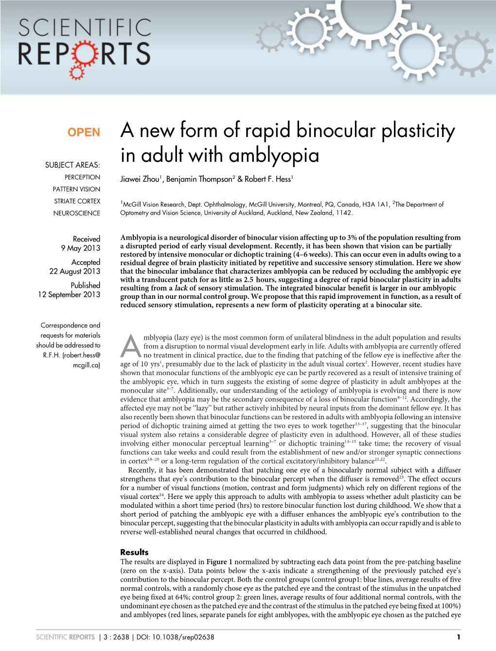 A New Form of Rapid Binocular Plasticity in Adult with Amblyopia
