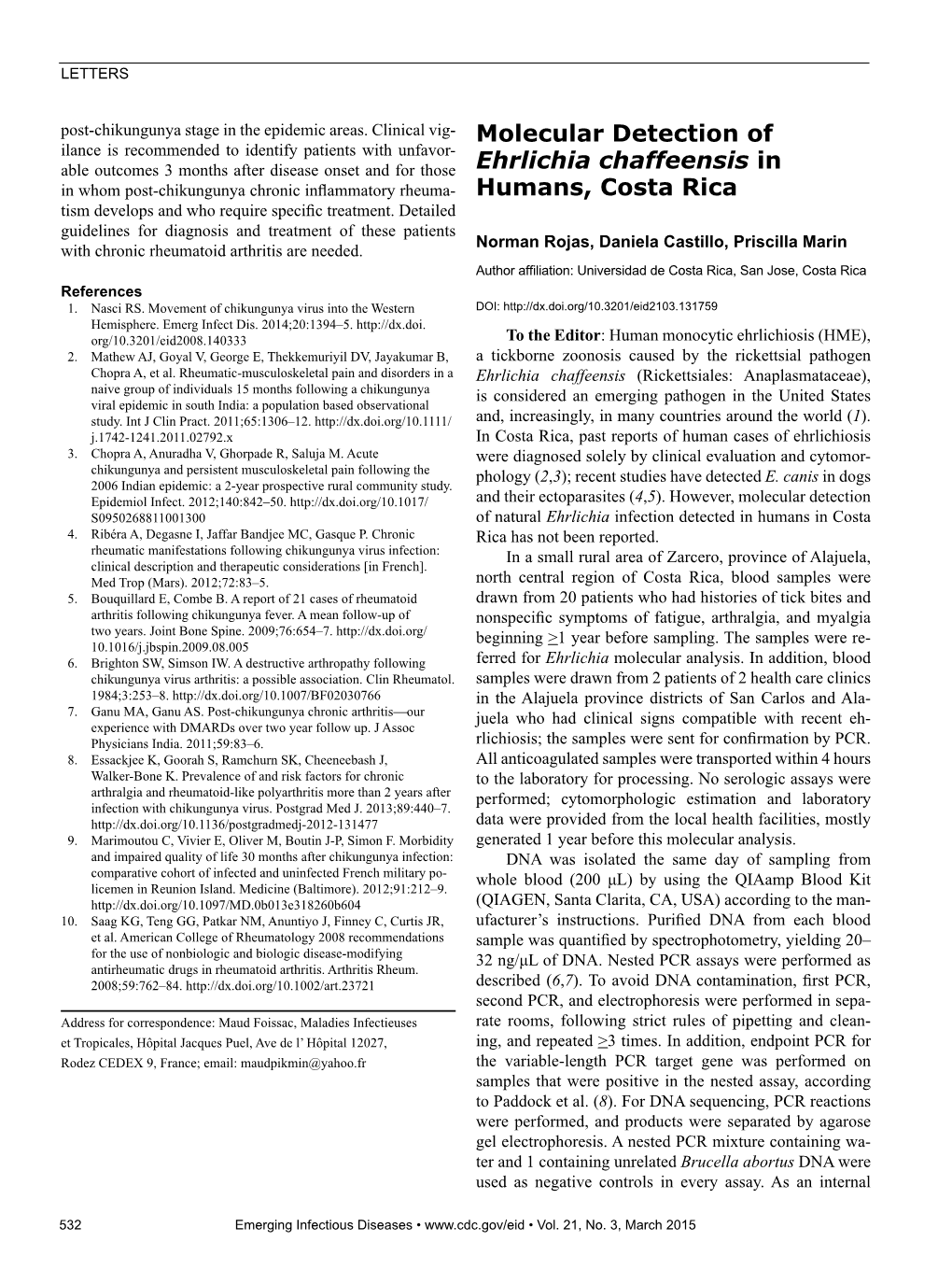 Molecular Detection of Ehrlichia Chaffeensis in Humans, Costa Rica