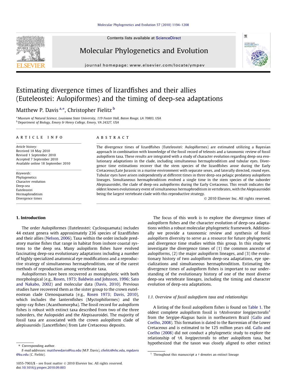 Euteleostei: Aulopiformes) and the Timing of Deep-Sea Adaptations ⇑ Matthew P