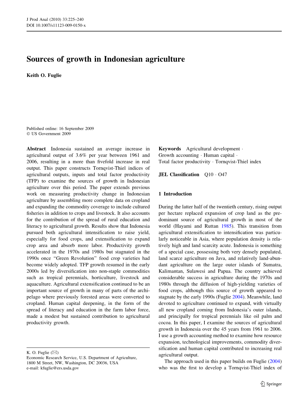 Sources of Growth in Indonesian Agriculture