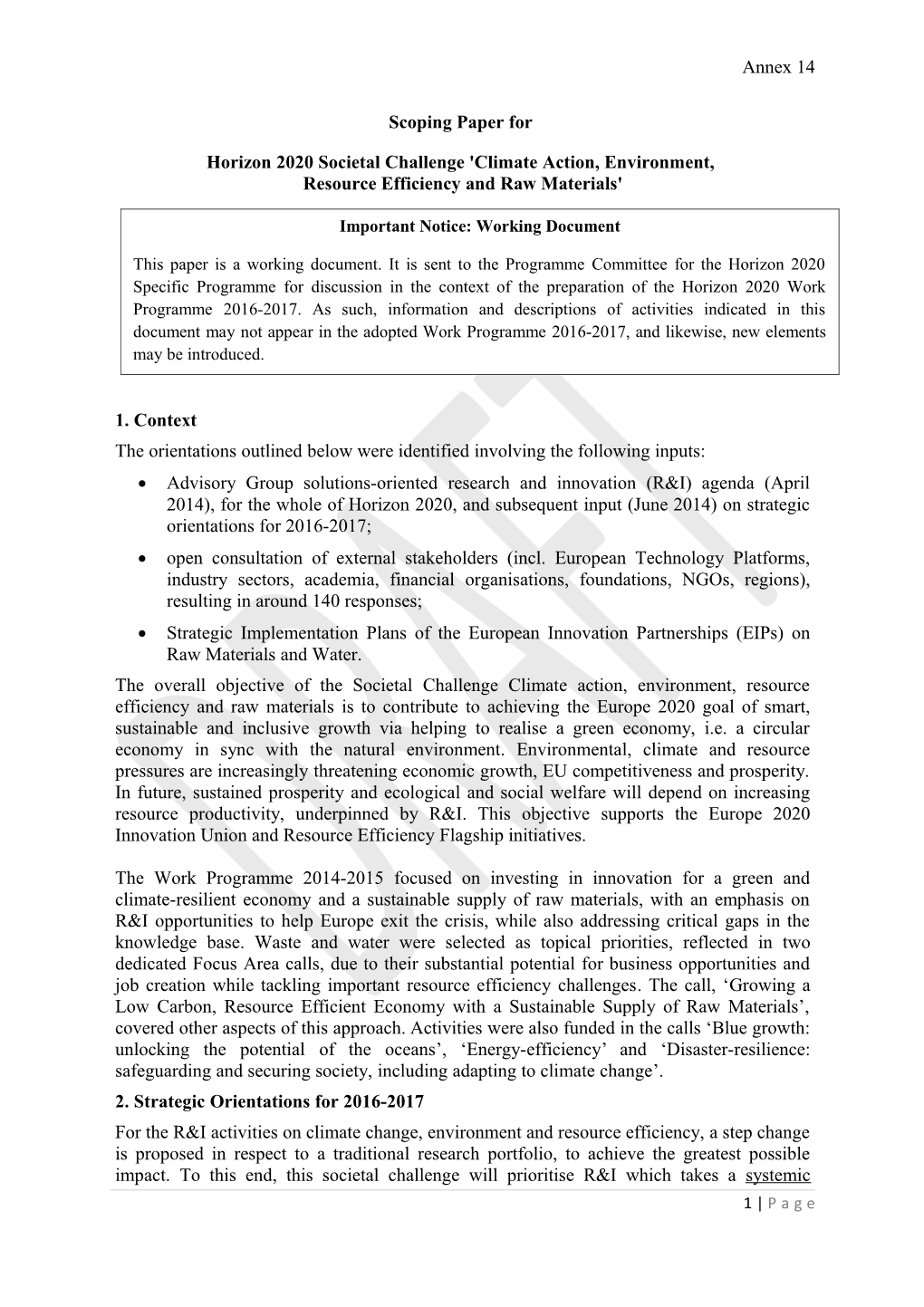 Horizon 2020 Societal Challenge 'Climate Action, Environment