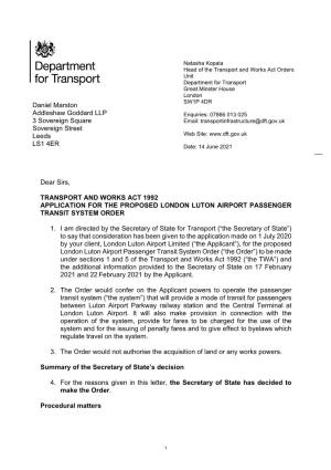 London Luton Airport Passenger Transit System Order: Application Decision Letter