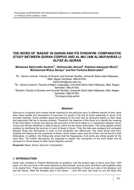 Basar’ in Quran and Its Synonym: Comparative Study Between Quran Corpus and Al-Mu’Jam Al-Mufahras Li Alfaz Al-Quran