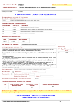 FRDG527 Etat Des Connaissances 2014 Libellé De La Masse D'eau V2 : Calcaires Et Marnes Crétacés Du BV Drôme, Roubion, Jabron