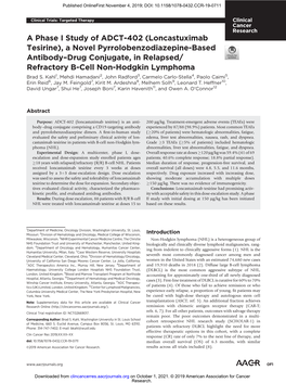 Loncastuximab Tesirine), a Novel Pyrrolobenzodiazepine-Based Antibody–Drug Conjugate, in Relapsed/ Refractory B-Cell Non-Hodgkin Lymphoma Brad S