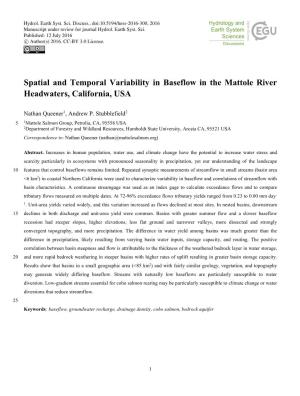 Spatial and Temporal Variability in Baseflow in the Mattole River Headwaters, California, USA