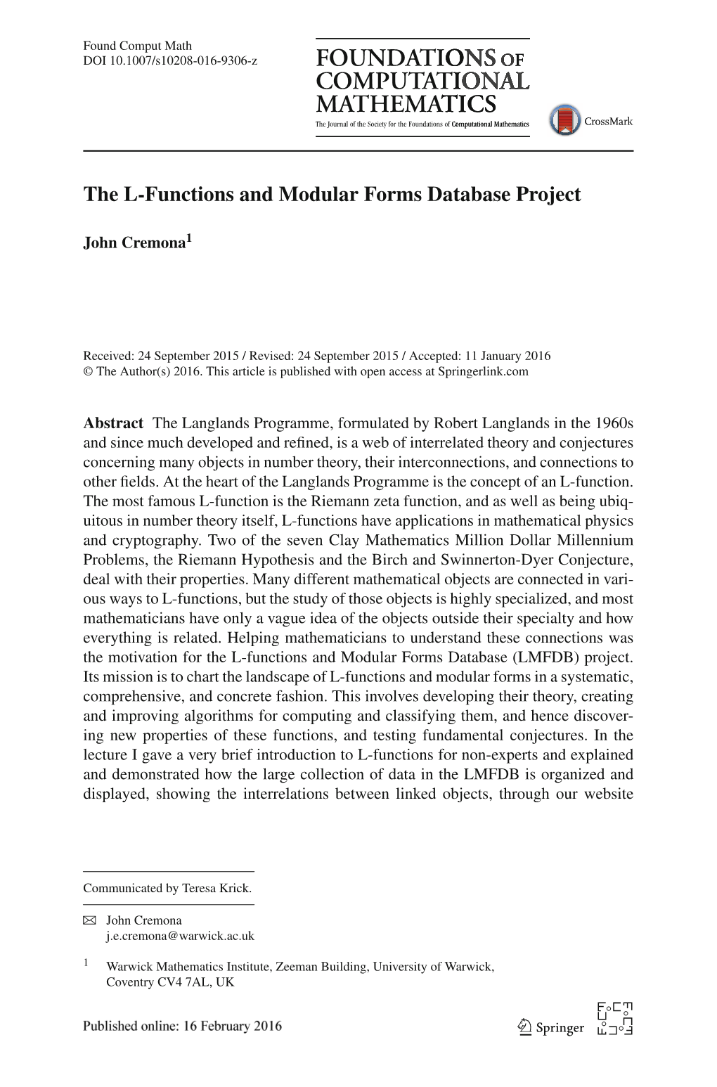 The L-Functions and Modular Forms Database Project