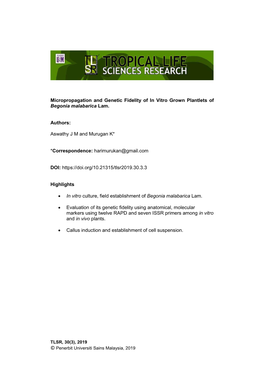 Micropropagation and Genetic Fidelity of in Vitro Grown Plantlets of Begonia Malabarica Lam. Authors