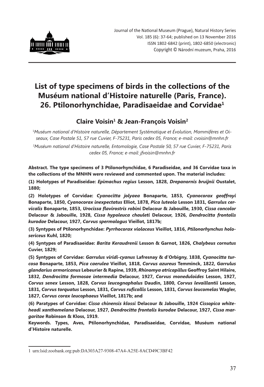 (Paris, France). 26. Ptilonorhynchidae, Paradisaeidae and Corvidae1