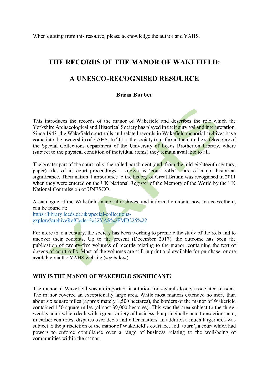 The Records of the Manor of Wakefield: a Unesco