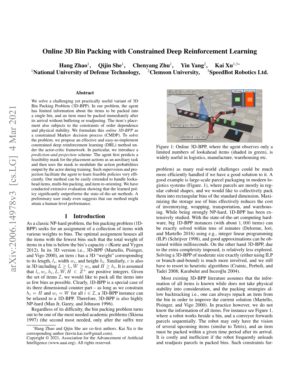 Online 3D Bin Packing with Constrained Deep Reinforcement Learning