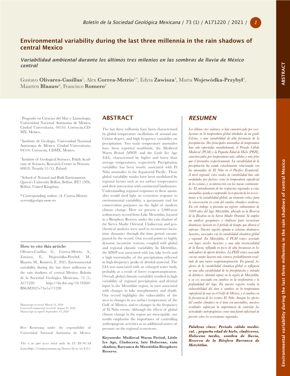 RESUMEN ABSTRACT Environmental Variability During the Last Three Millennia in the Rain Shadows of Central Mexico