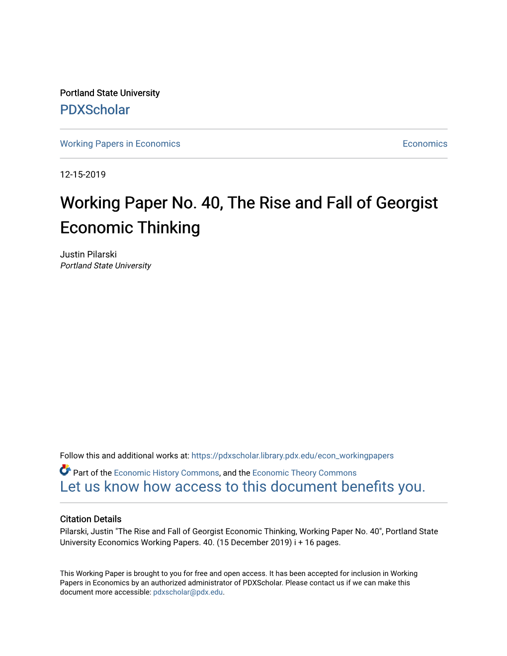 Working Paper No. 40, the Rise and Fall of Georgist Economic Thinking