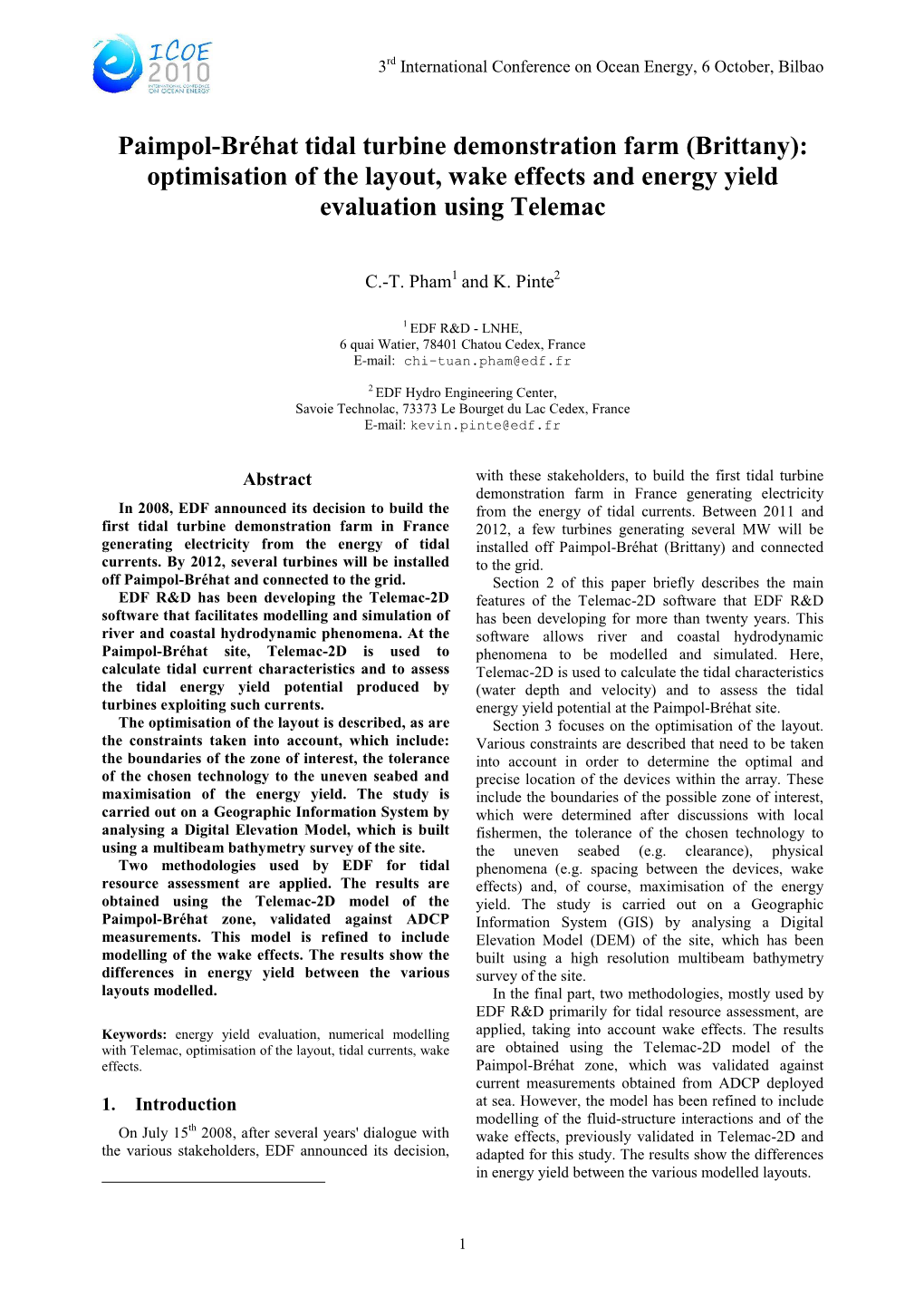 Paimpol-Bréhat Tidal Turbine Demonstration Farm (Brittany): Optimisation of the Layout, Wake Effects and Energy Yield Evaluation Using Telemac