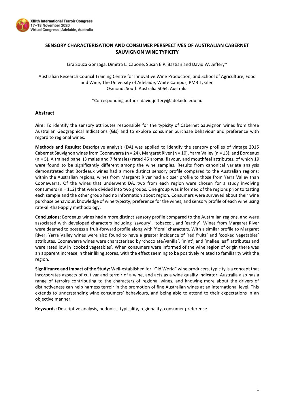 Sensory Characterisation and Consumer Perspectives of Australian Cabernet Sauvignon Wine Typicity