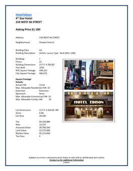 Hotel Edison 4* Star Hotel 219 WEST 46 STREET Asking Price $1.1Bil