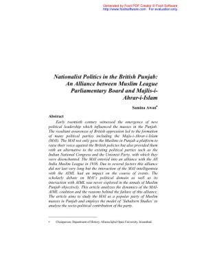 Nationalist Politics in the British Punjab: an Alliance Between Muslim League Parliamentary Board and Majlis-I- Ahrar-I-Islam