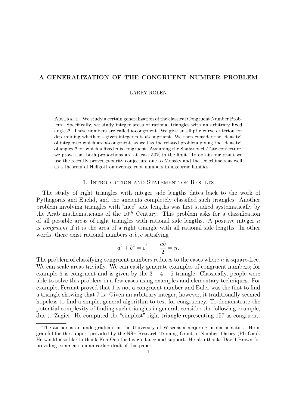 A Generalization of the Congruent Number Problem