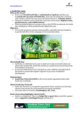 1. Earth Day 2020 Why in the News? • Every Year World Earth Day Is Celebrated on April 22 and This Year Its Marks the 50 Years of Earth Day