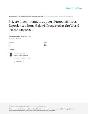 Private Investments to Support Protected Areas: Experiences from Malawi; Presented at the World Parks Congress