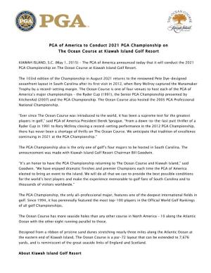 PGA of America to Conduct 2021 PGA Championship on the Ocean Course at Kiawah Island Golf Resort