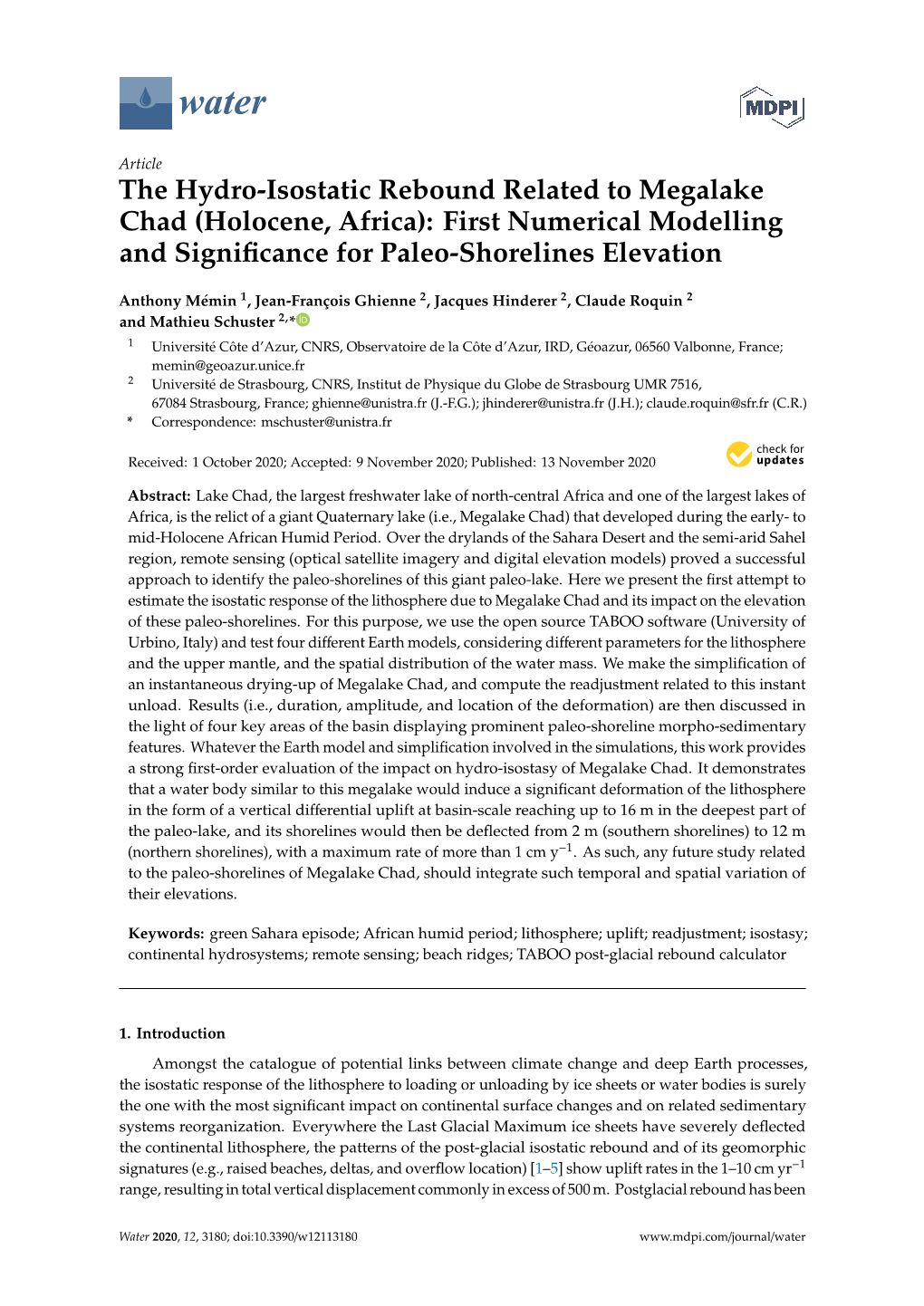 The Hydro-Isostatic Rebound Related to Megalake Chad (Holocene, Africa): First Numerical Modelling and Signiﬁcance for Paleo-Shorelines Elevation