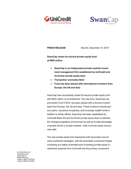 Swancap Closes Its Second Private Equity Fund at €600 Million