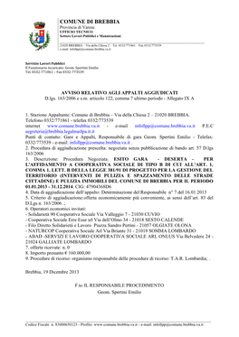 COMUNE DI BREBBIA Provincia Di Varese UFFICIO TECNICO Settore Lavori Pubblici E Manutenzioni ______21020 BREBBIA – Via Della Chiesa 2 – Tel