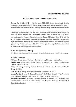 Hitachi Announces Director Candidates