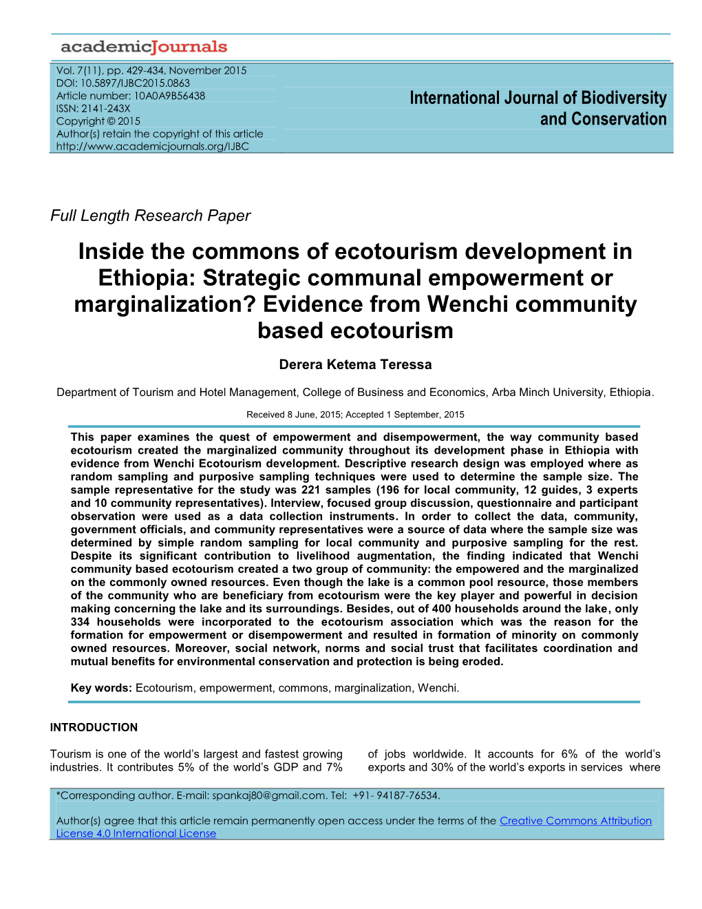 Inside the Commons of Ecotourism Development in Ethiopia: Strategic Communal Empowerment Or Marginalization? Evidence from Wenchi Community Based Ecotourism