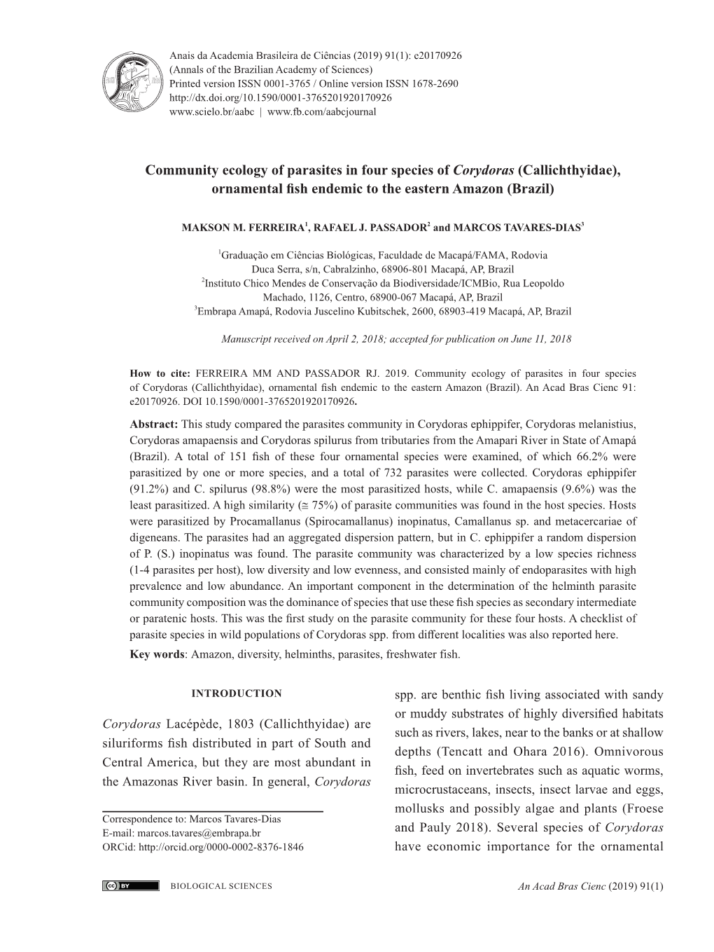 Community Ecology of Parasites in Four Species of Corydoras (Callichthyidae), Ornamental Fish Endemic to the Eastern Amazon (Brazil)