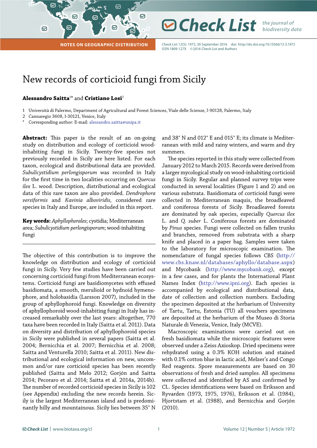 New Records of Corticioid Fungi from Sicily