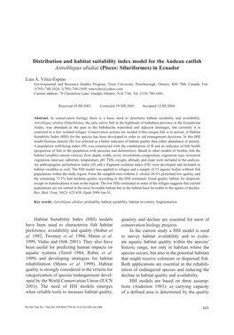 Distribution and Habitat Suitability Index Model for the Andean Catfish Astroblepus Ubidiai (Pisces: Siluriformes) in Ecuador