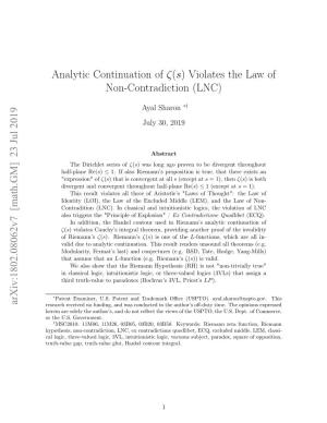 Analytic Continuation of Ζ(S) Violates the Law of Non-Contradiction (LNC)