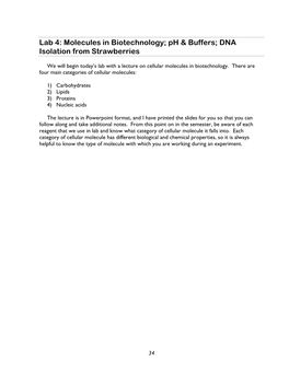 Lab 4: Molecules in Biotechnology; Ph & Buffers; DNA Isolation From