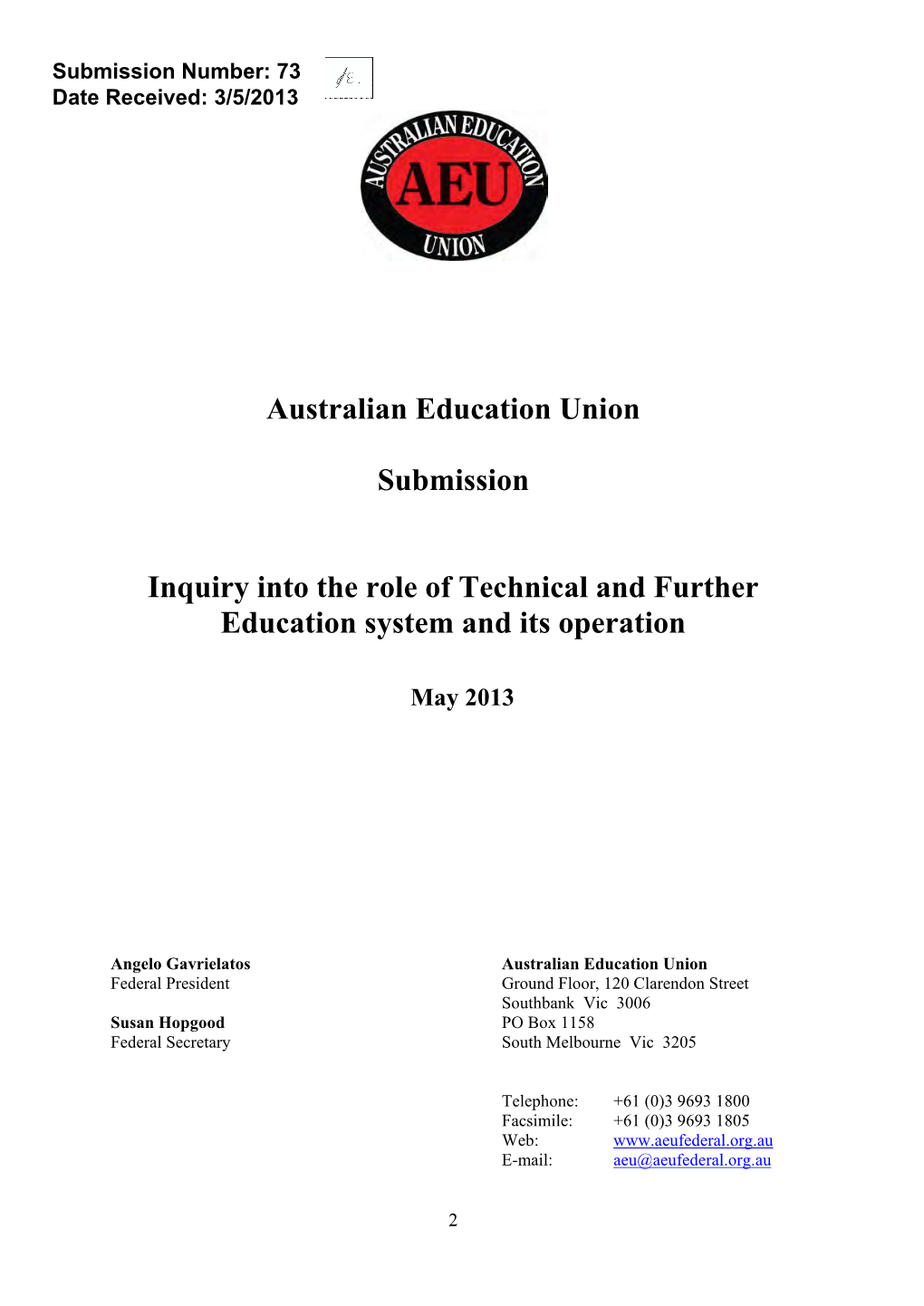 Australian Education Union Submission Inquiry Into the Role Of