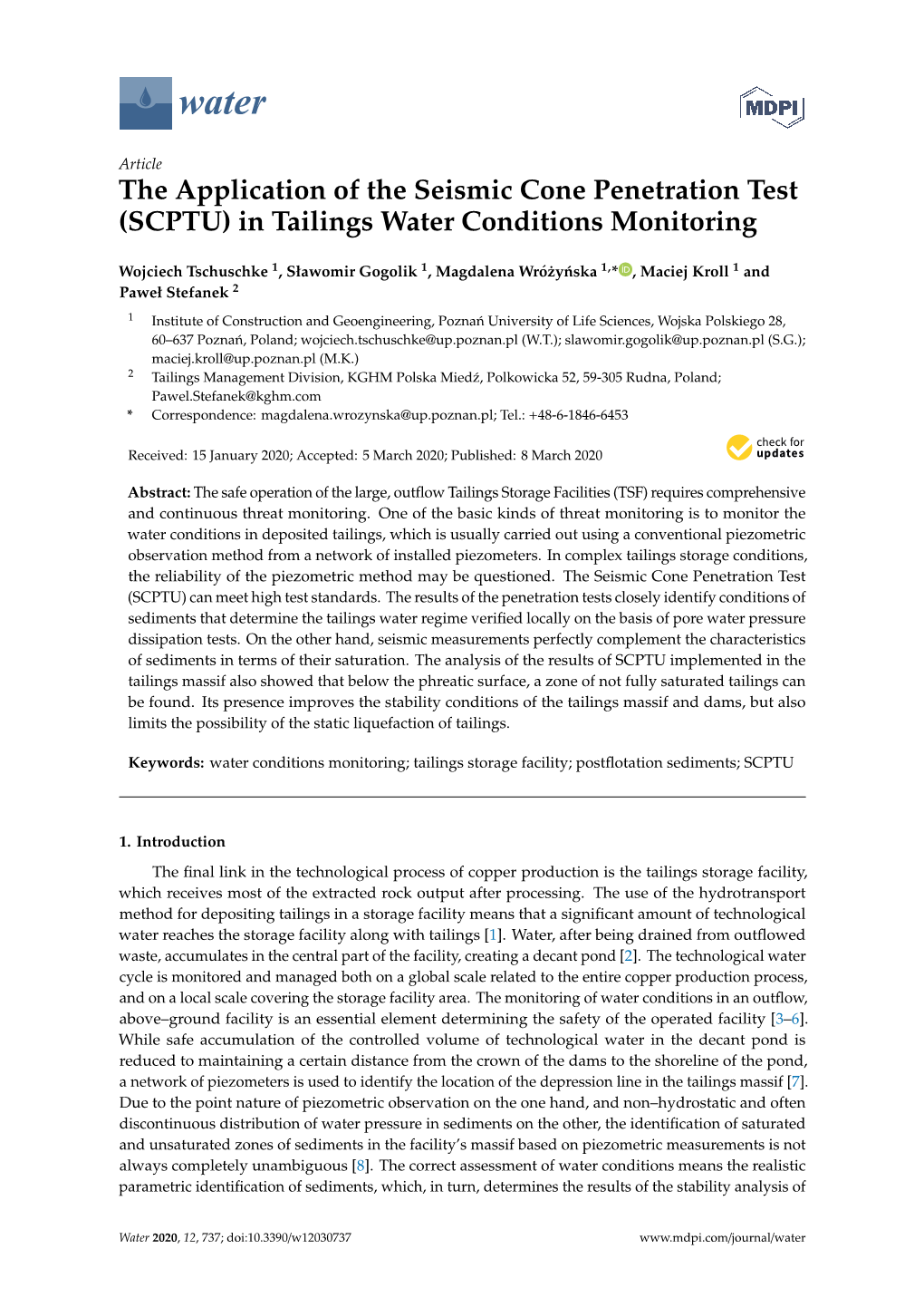 The Application of the Seismic Cone Penetration Test (SCPTU) in Tailings Water Conditions Monitoring