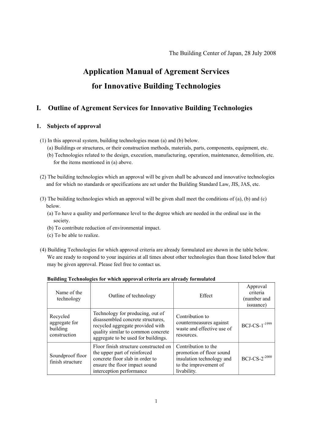 Application Manual of Agrement Services for Innovative Building Technologies