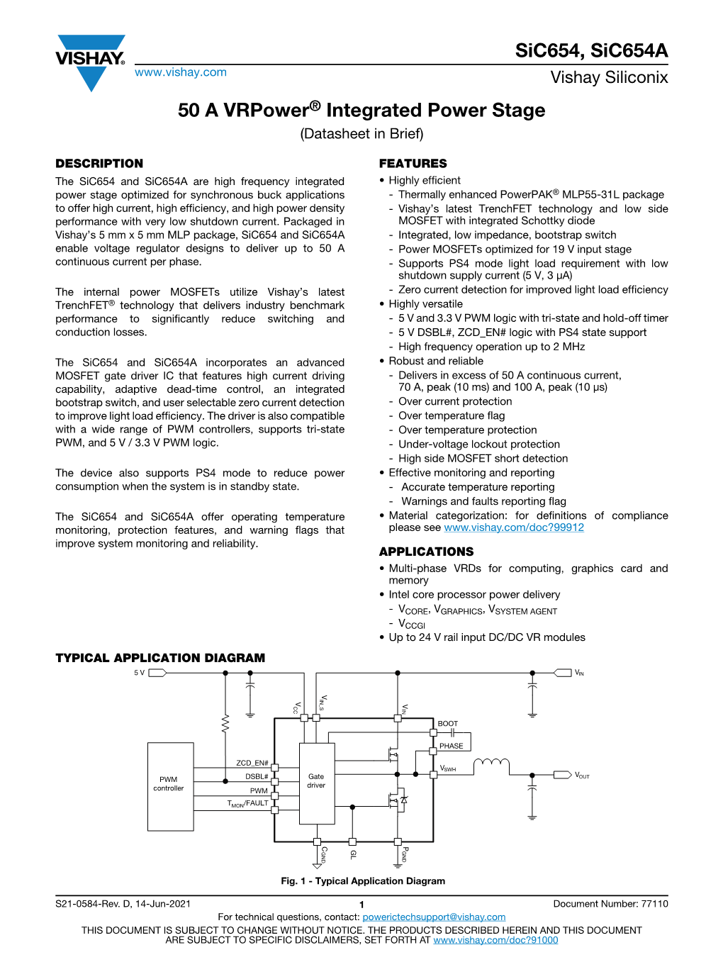 Sic654, Sic654a 50 a Vrpower® Integrated Power Stage