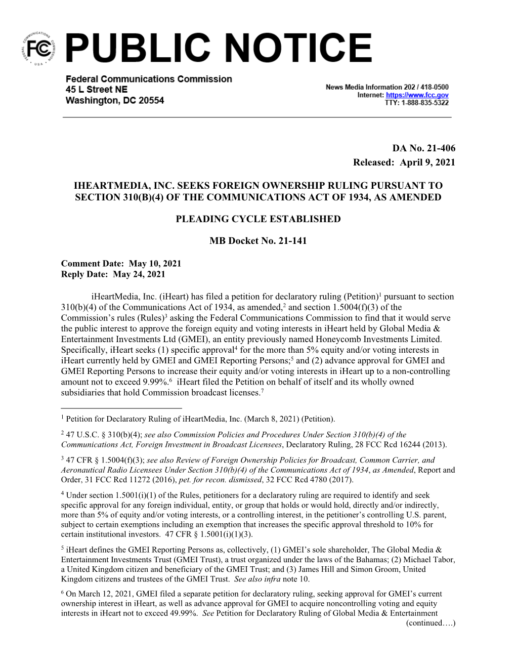 DA No. 21-406 Released: April 9, 2021 IHEARTMEDIA, INC. SEEKS