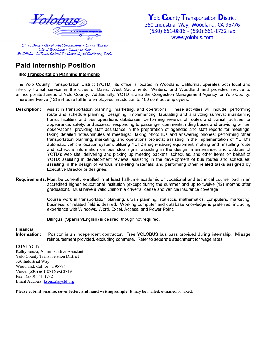 Paid Internship Position Title: Transportation Planning Internship