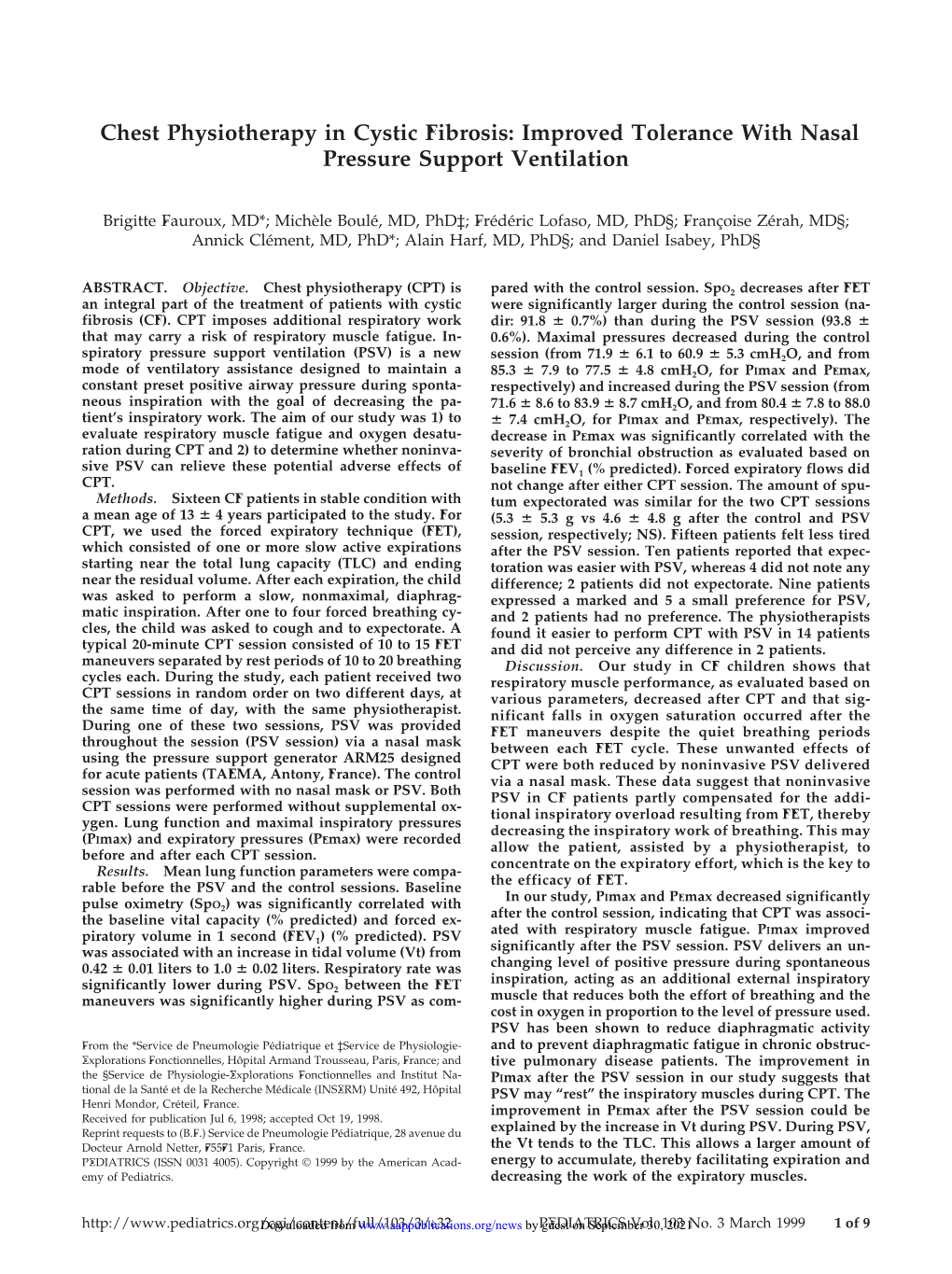 Chest Physiotherapy in Cystic Fibrosis: Improved Tolerance with Nasal Pressure Support Ventilation