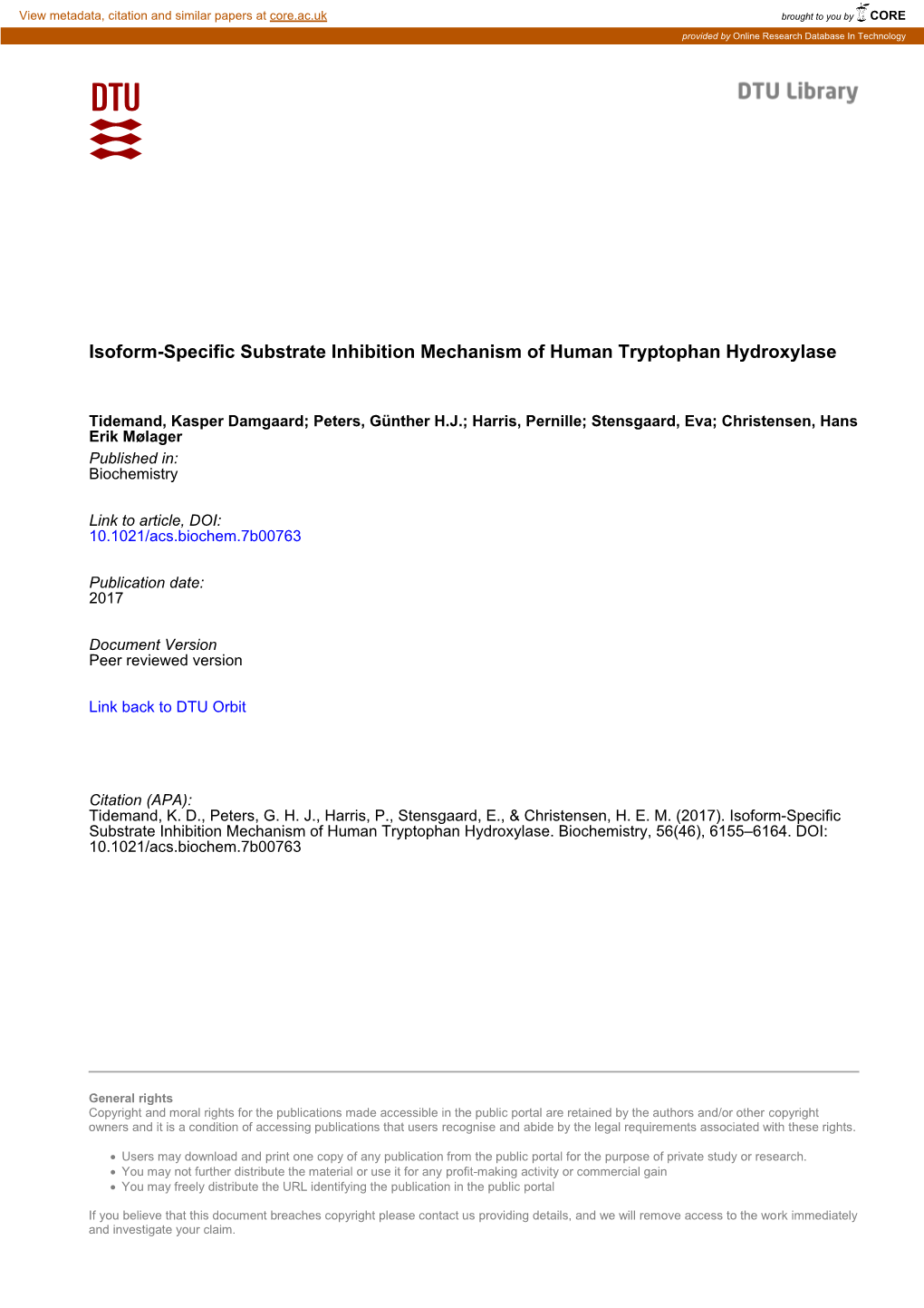 Isoform-Specific Substrate Inhibition Mechanism of Human Tryptophan Hydroxylase