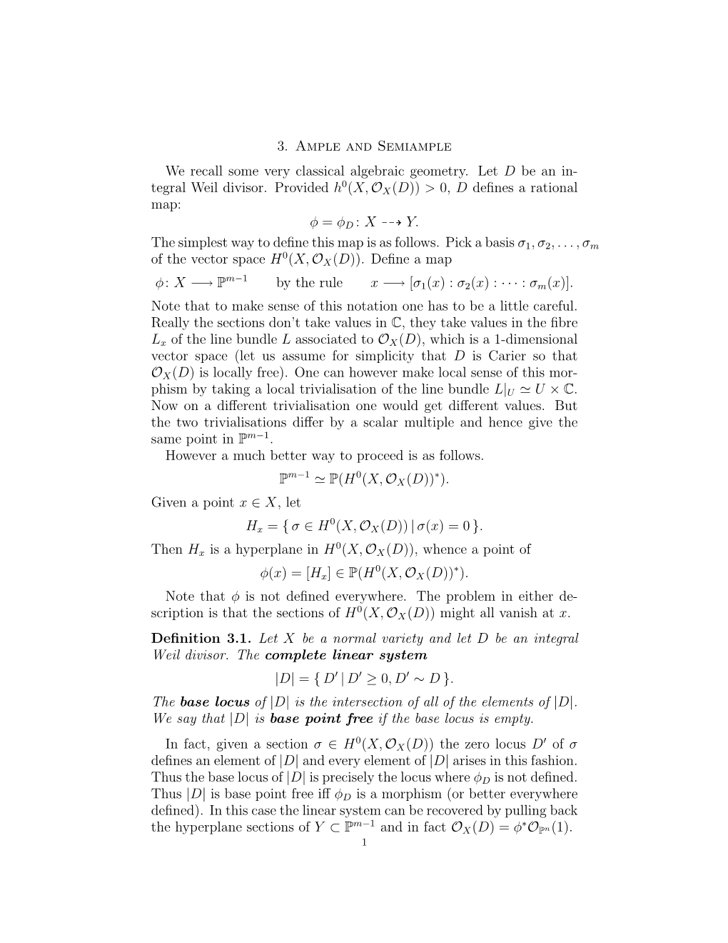 3. Ample and Semiample We Recall Some Very Classical Algebraic Geometry