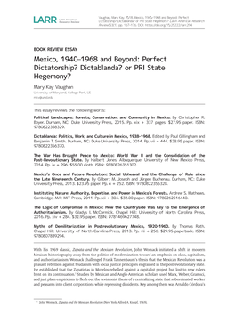 Perfect Dictatorship? Dictablanda? Or PRI State Hegemony? Latin American Research Review 53(1), Pp