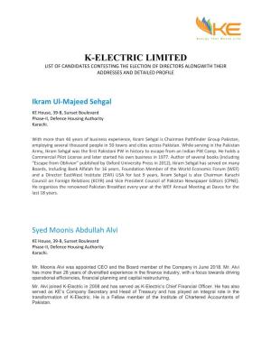 K-Electric Limited List of Candidates Contesting the Election of Directors Alongwith Their Addresses and Detailed Profile